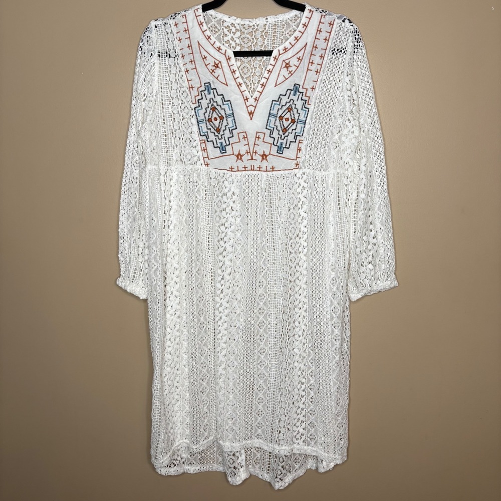 Women's Embroidered White Boho Aztec Beach Coverup One Size